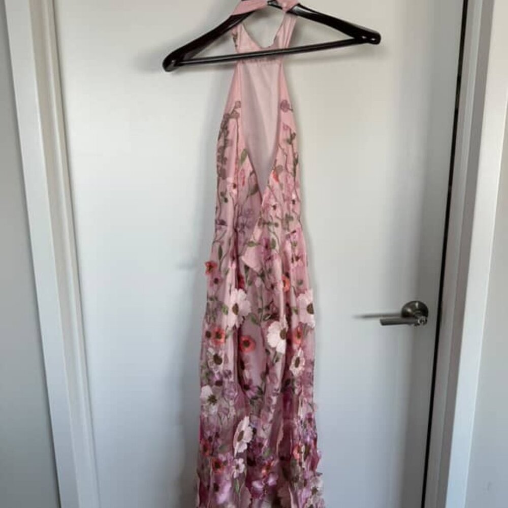 Unique Impression Pink 3D Floral Embroidered Halter Midi Dress - Lulus - Picture 3 of 3